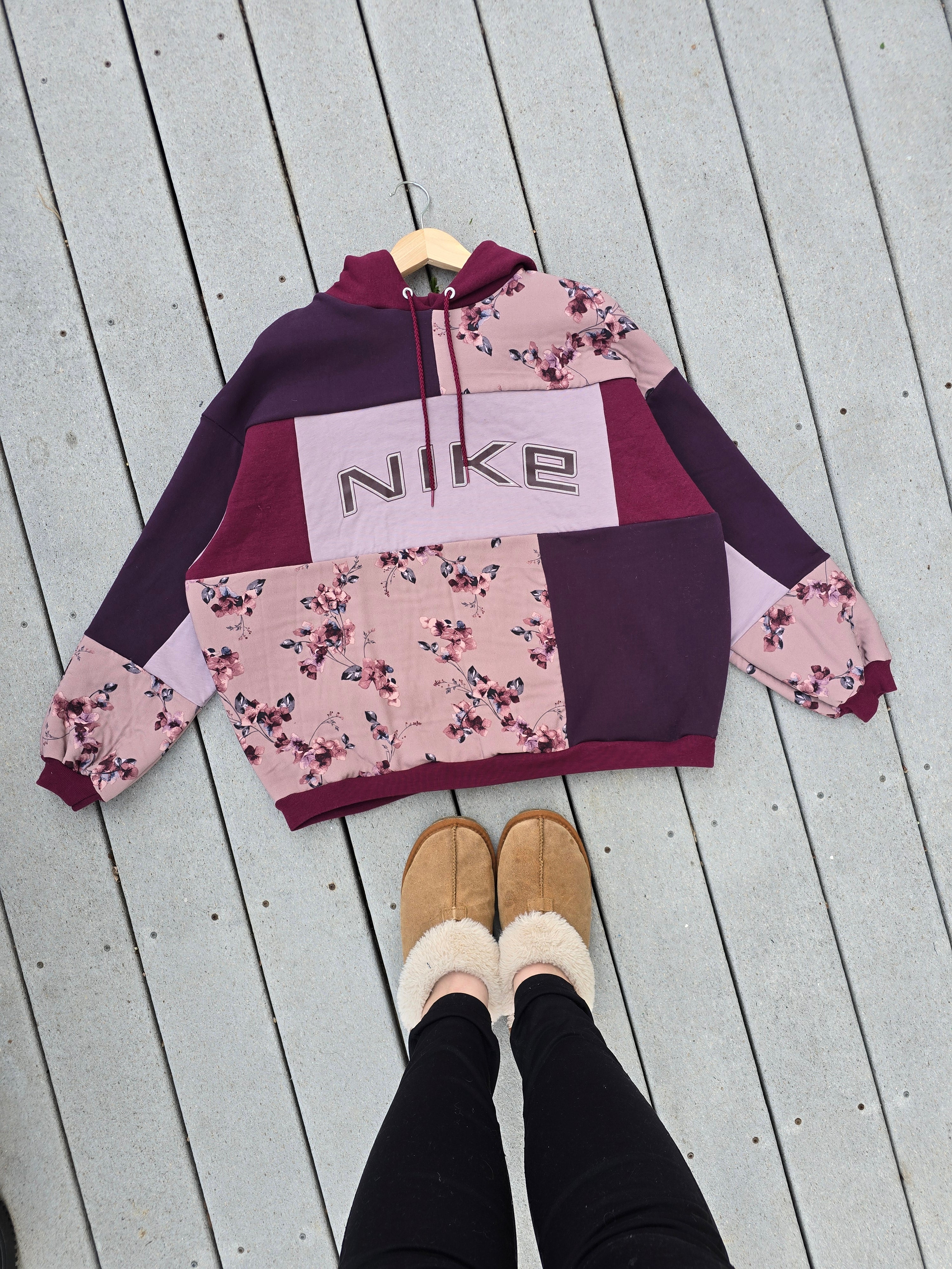 Burgundy Bloom Patchwork Hoodie (XL)