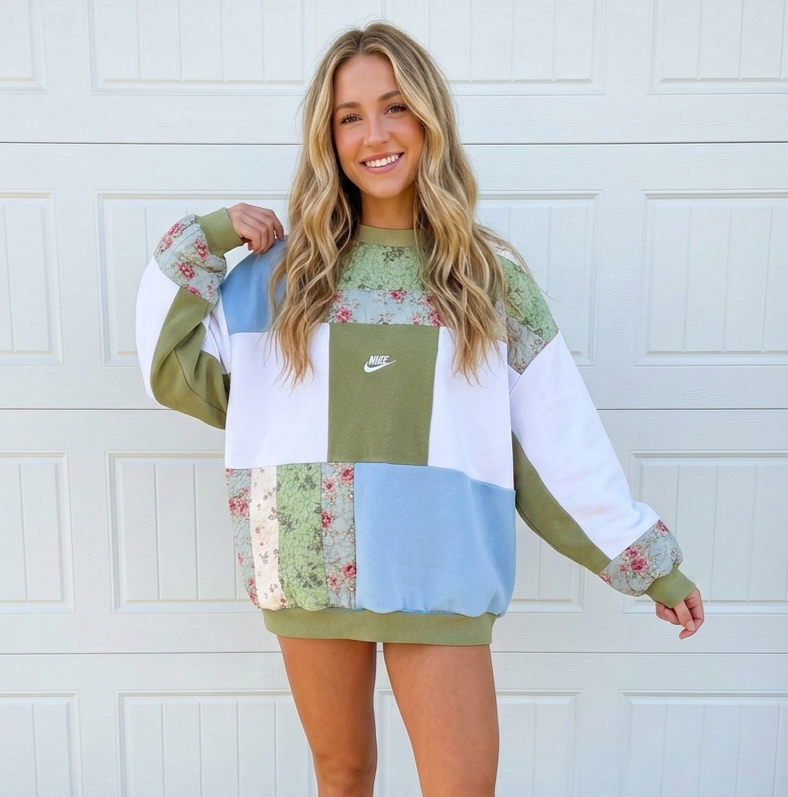 Sage Blossom Patchwork Crewneck (L)