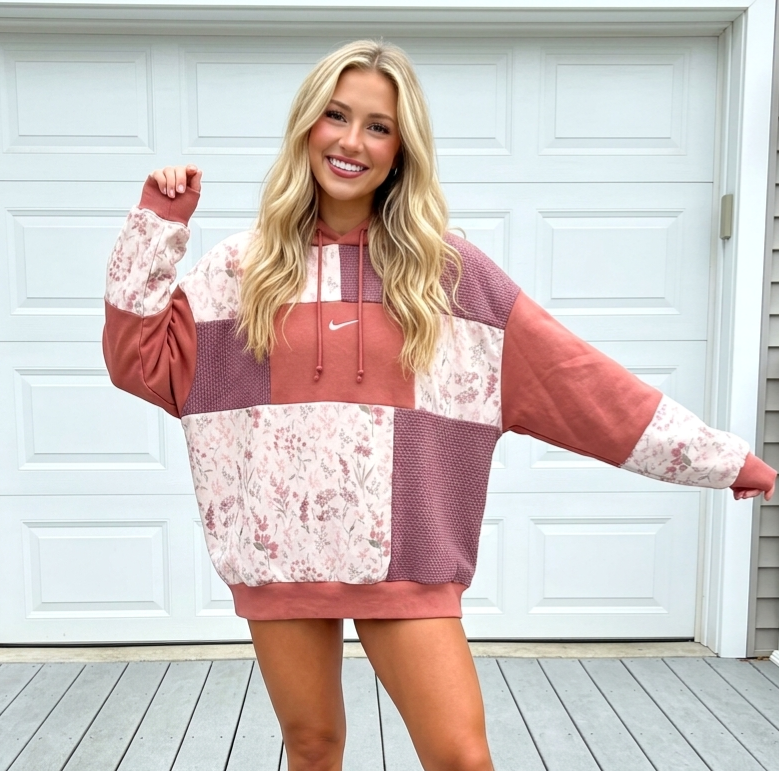 Pink Peony Patchwork Hoodie (XL)