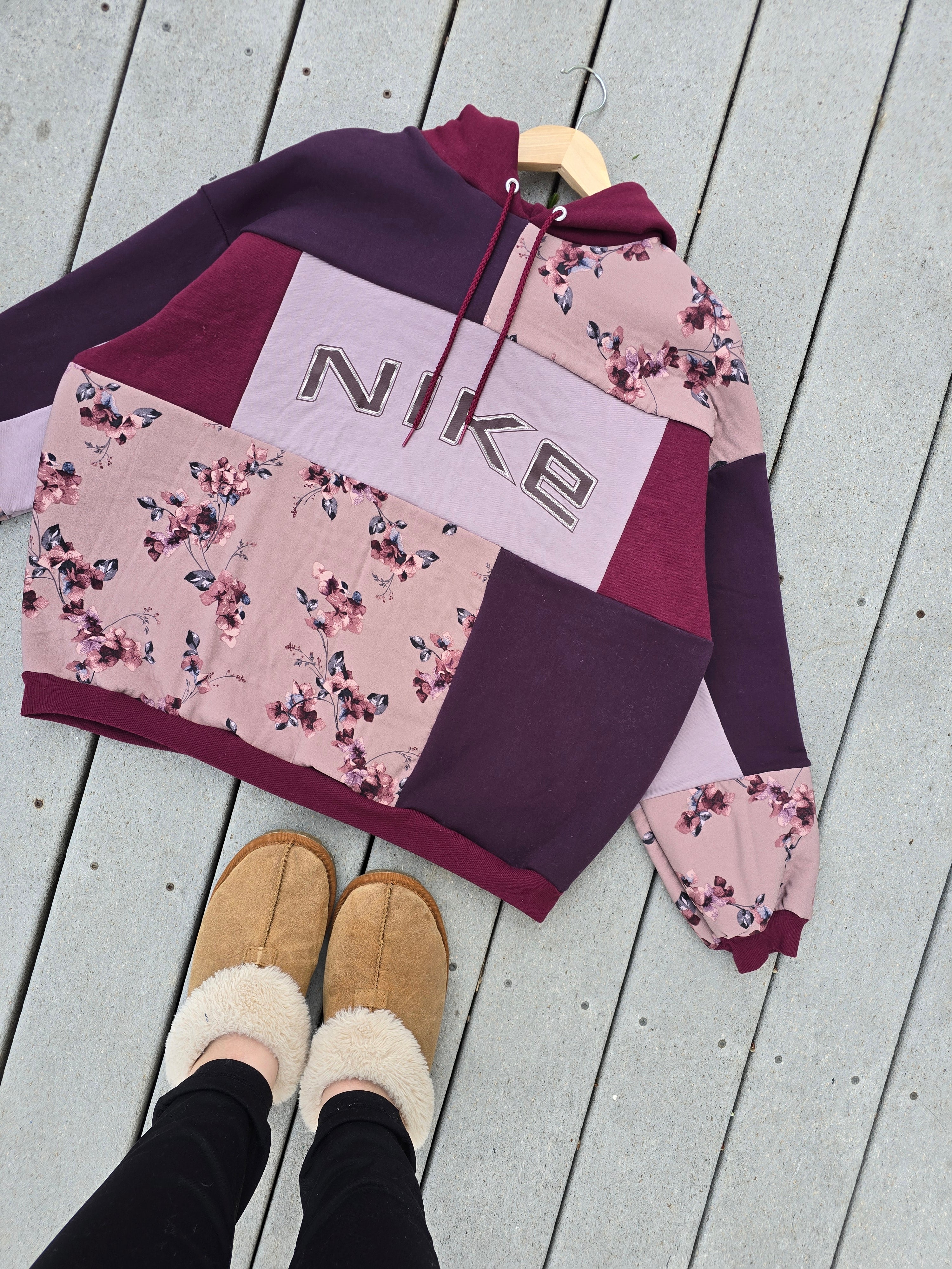 Burgundy Bloom Patchwork Hoodie (XL)