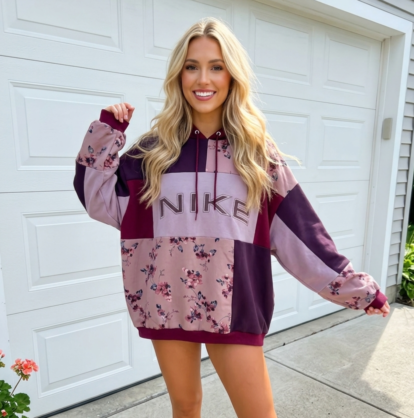 Burgundy Bloom Patchwork Hoodie (XL)