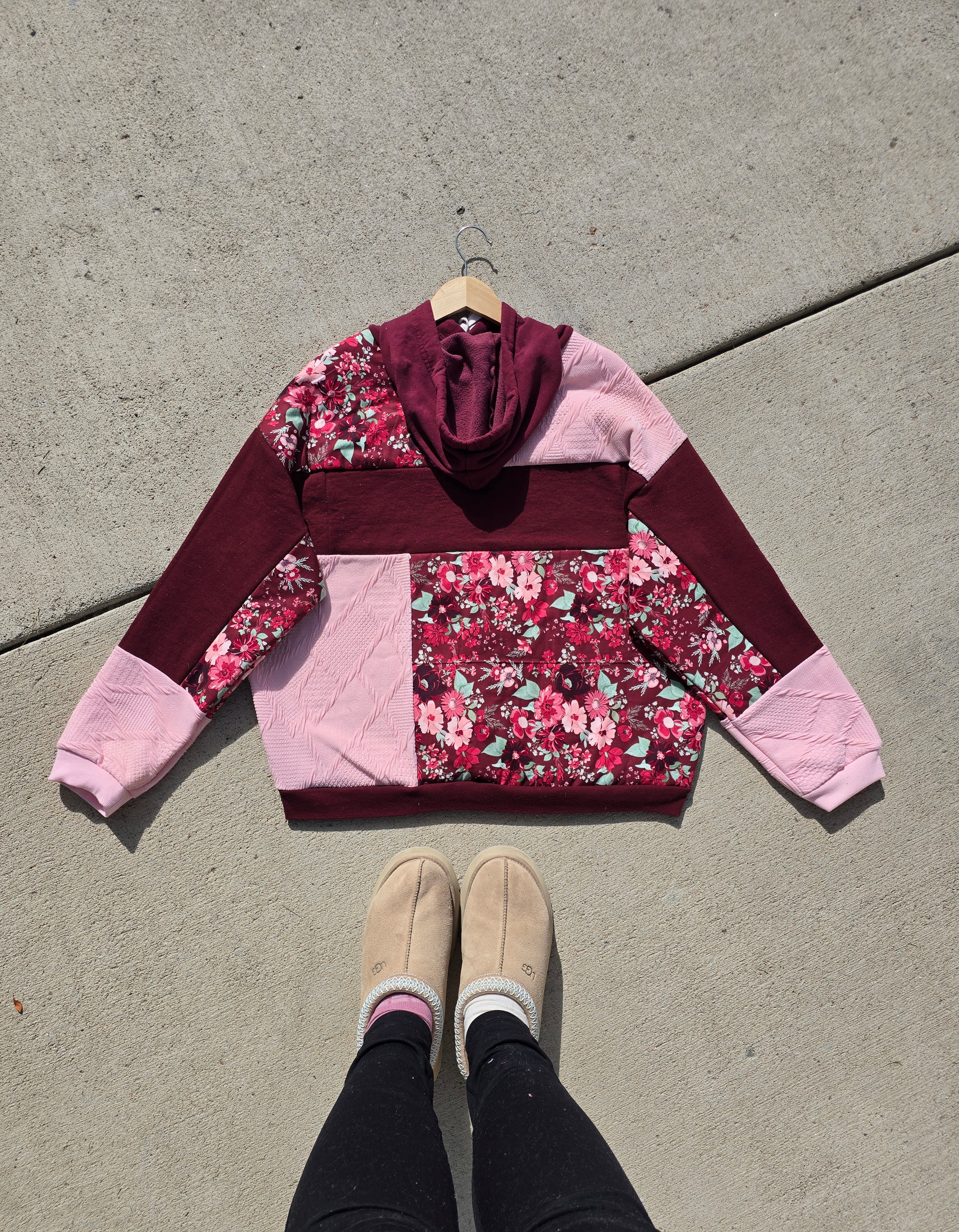Burgundy Rose Patchwork Hoodie (XL)